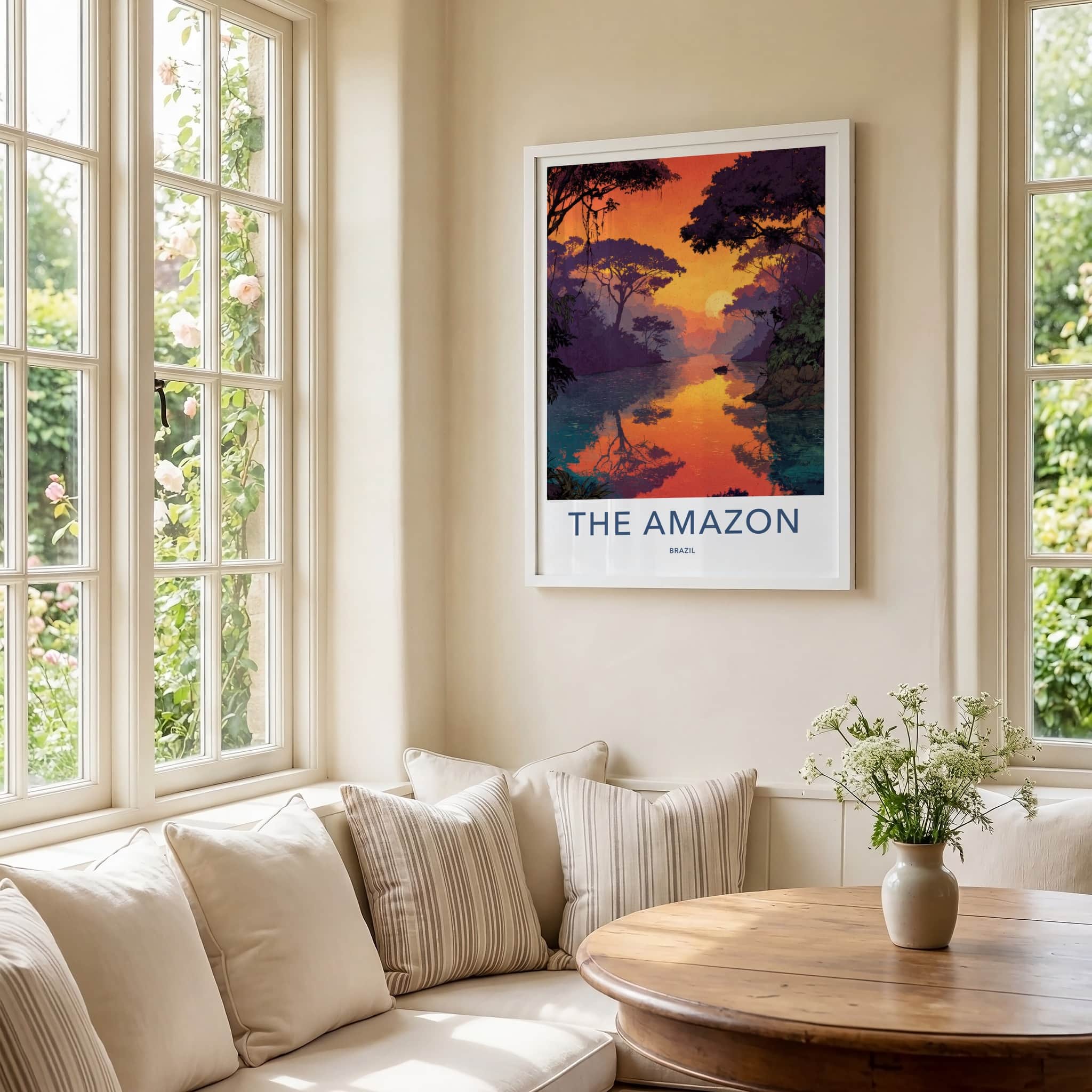 The Amazon Poster - Brazil Travel Art - Sunset River Boat Home Decor