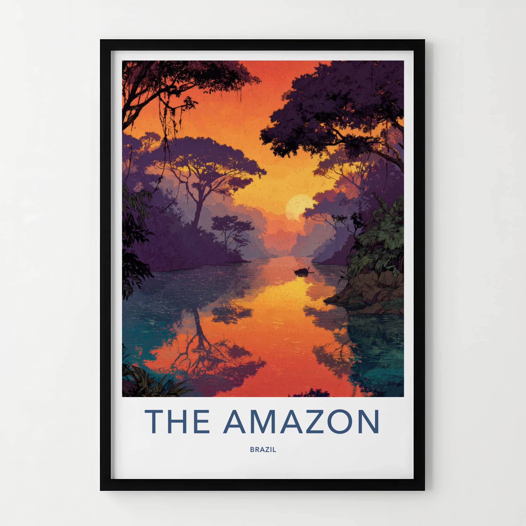 The Amazon Poster - Brazil Travel Art - Sunset River Boat Home Decor