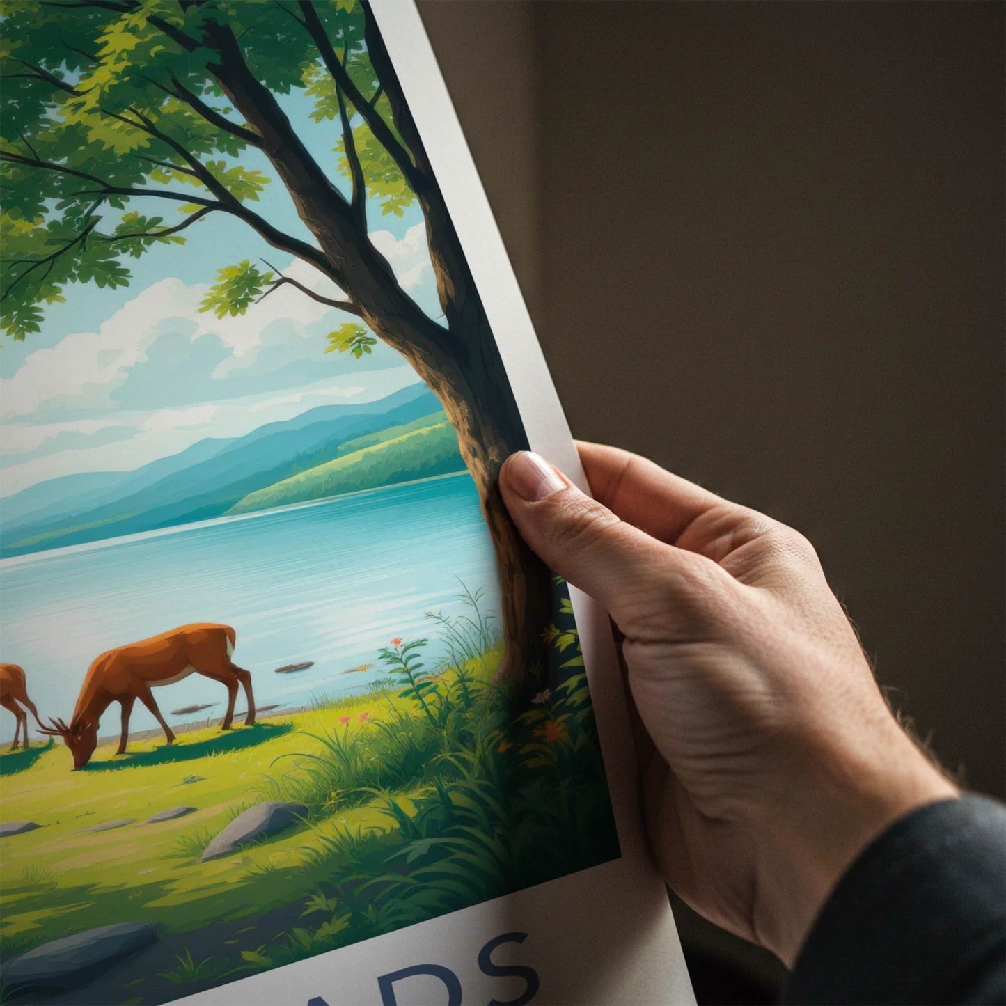 The Broads Poster - England Travel Art - Deer Grazing Lakeside Wall Decor