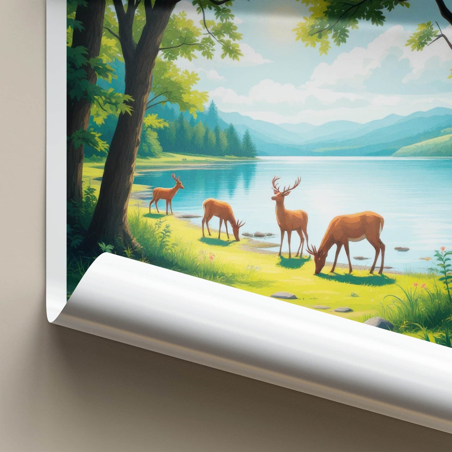 The Broads Poster - England Travel Art - Deer Grazing Lakeside Wall Decor