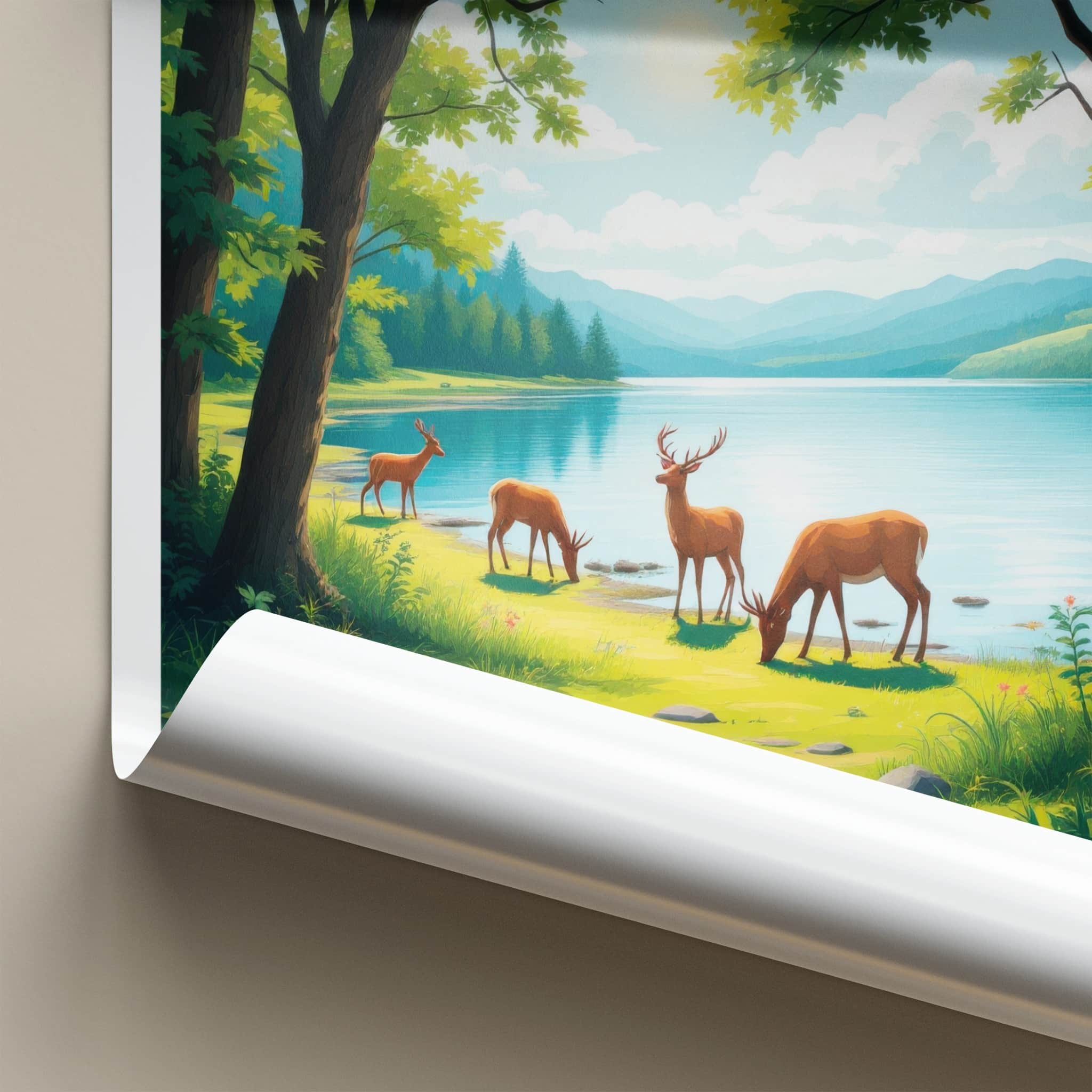 The Broads Poster - England Travel Art - Deer Grazing Lakeside Wall Decor