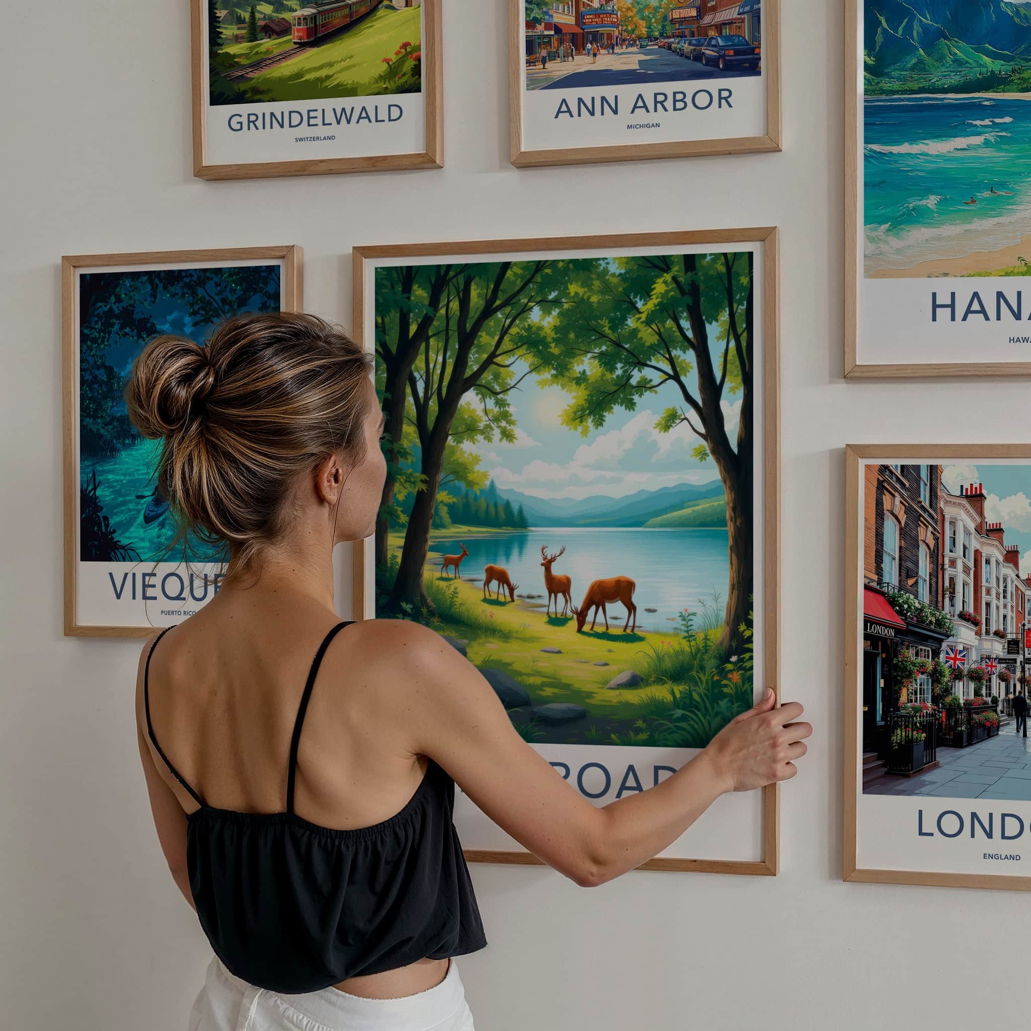 The Broads Poster - England Travel Art - Deer Grazing Lakeside Wall Decor