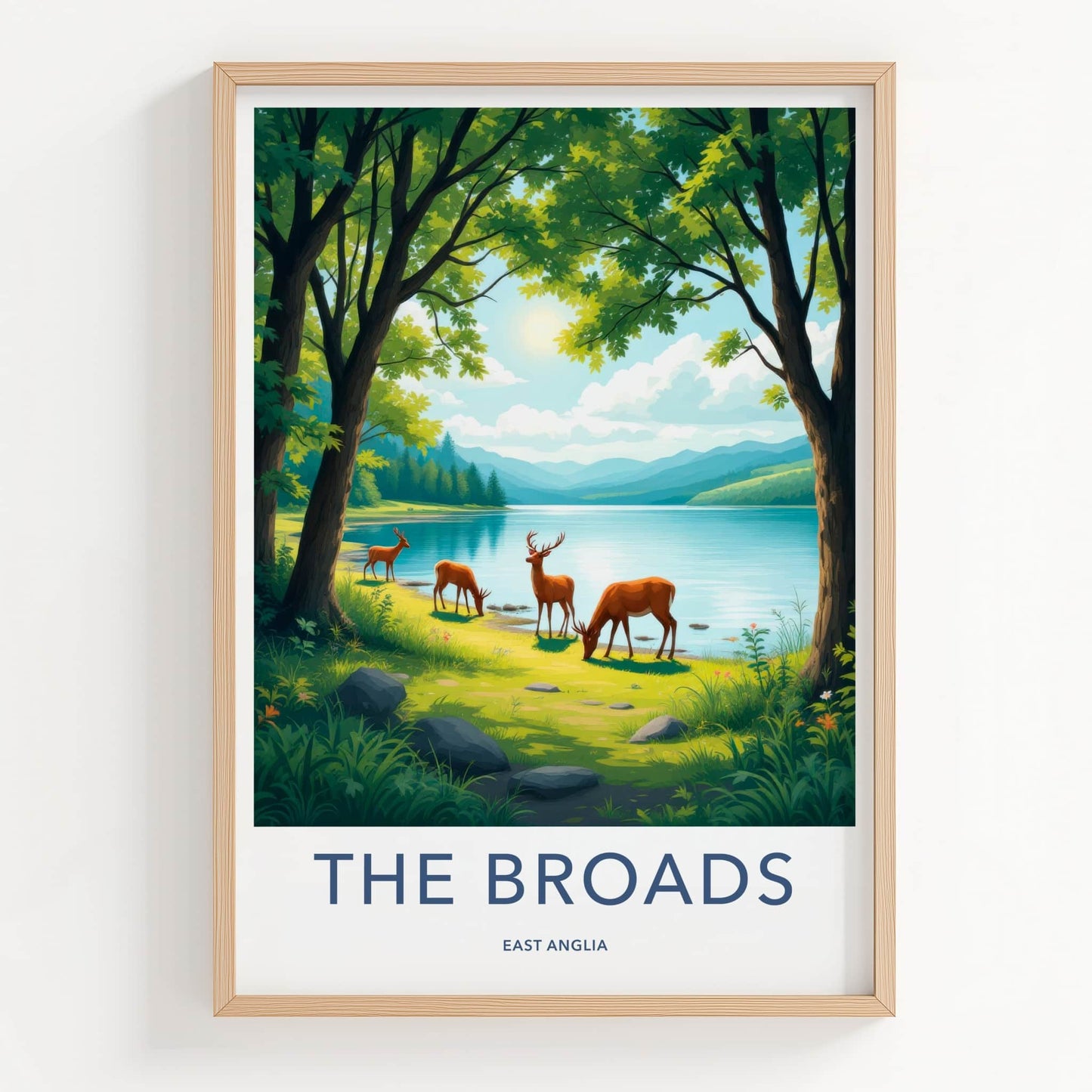 The Broads Poster - England Travel Art - Deer Grazing Lakeside Wall Decor