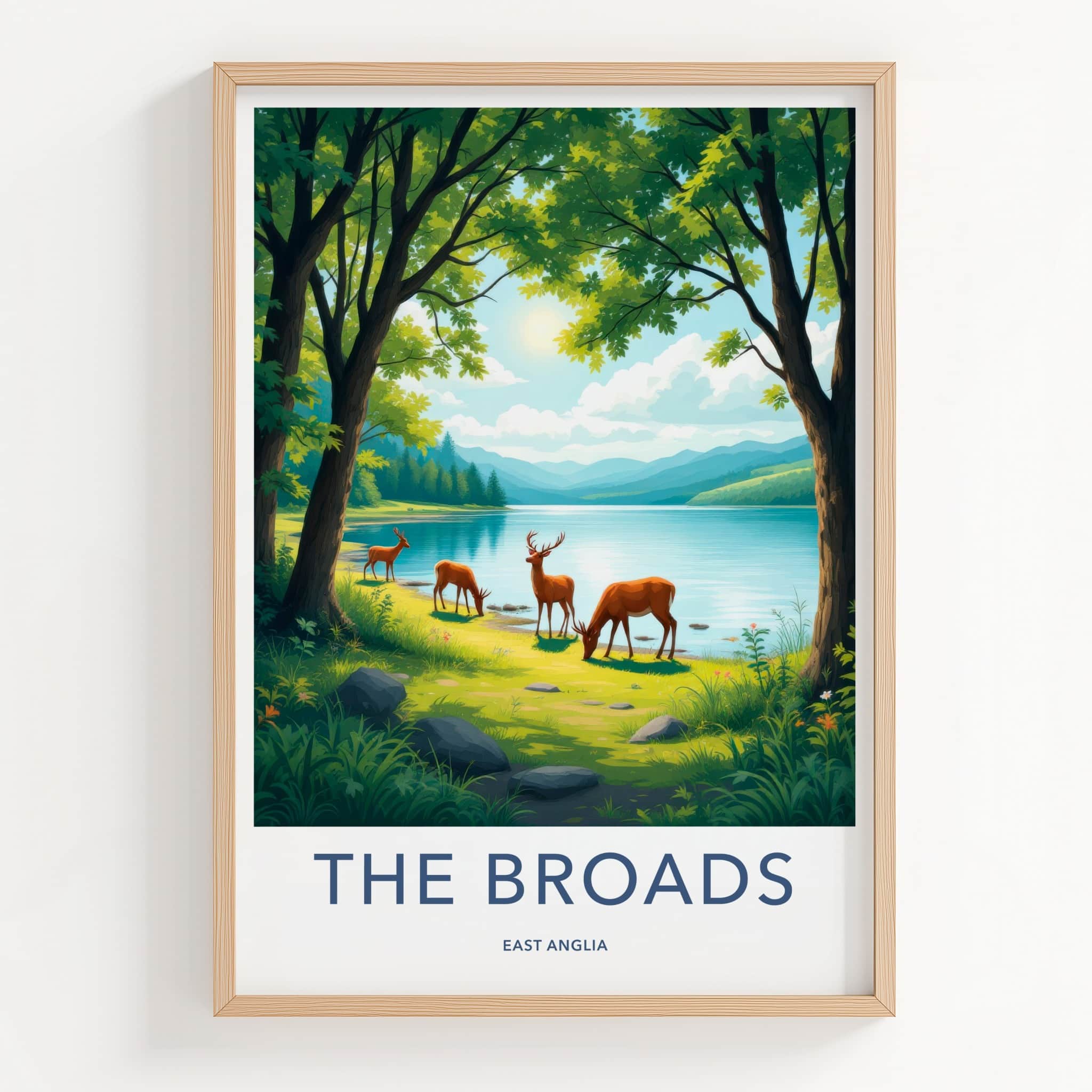 The Broads Poster - England Travel Art - Deer Grazing Lakeside Wall Decor