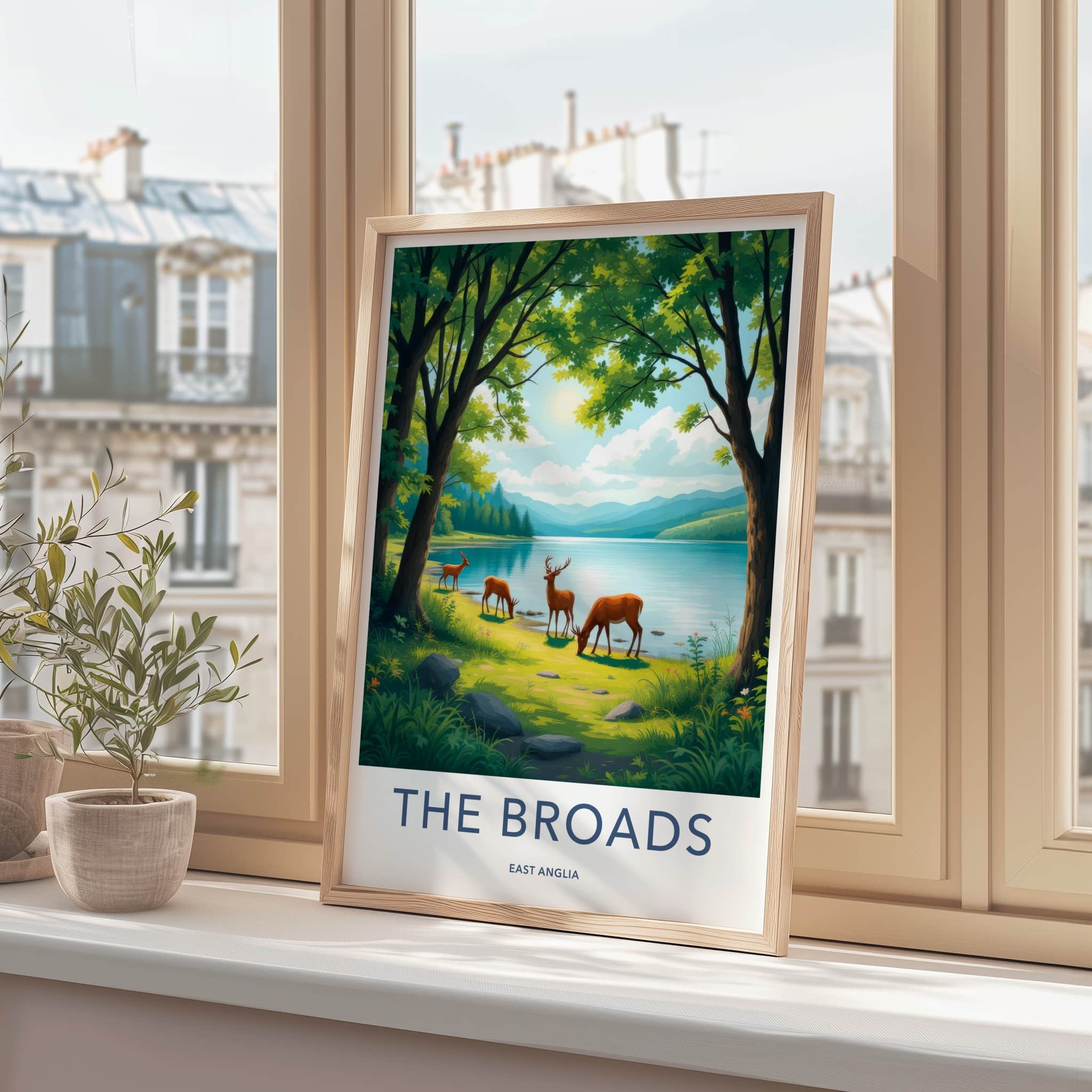 The Broads Poster - England Travel Art - Deer Grazing Lakeside Wall Decor