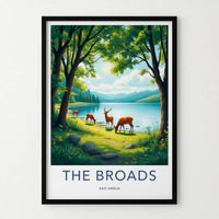 The Broads Poster - England Travel Art - Deer Grazing Lakeside Wall Decor