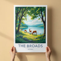 The Broads Poster - England Travel Art - Deer Grazing Lakeside Wall Decor
