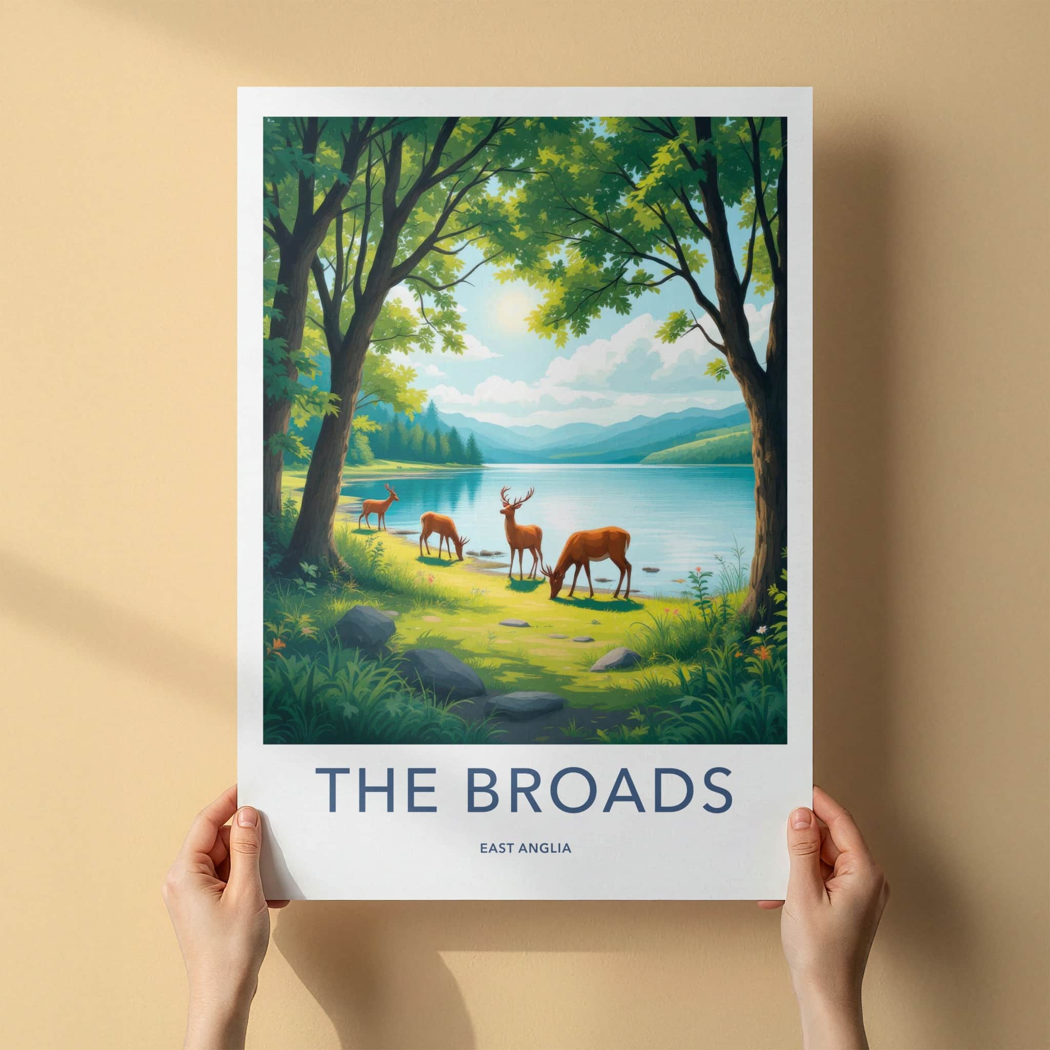 The Broads Poster - England Travel Art - Deer Grazing Lakeside Wall Decor