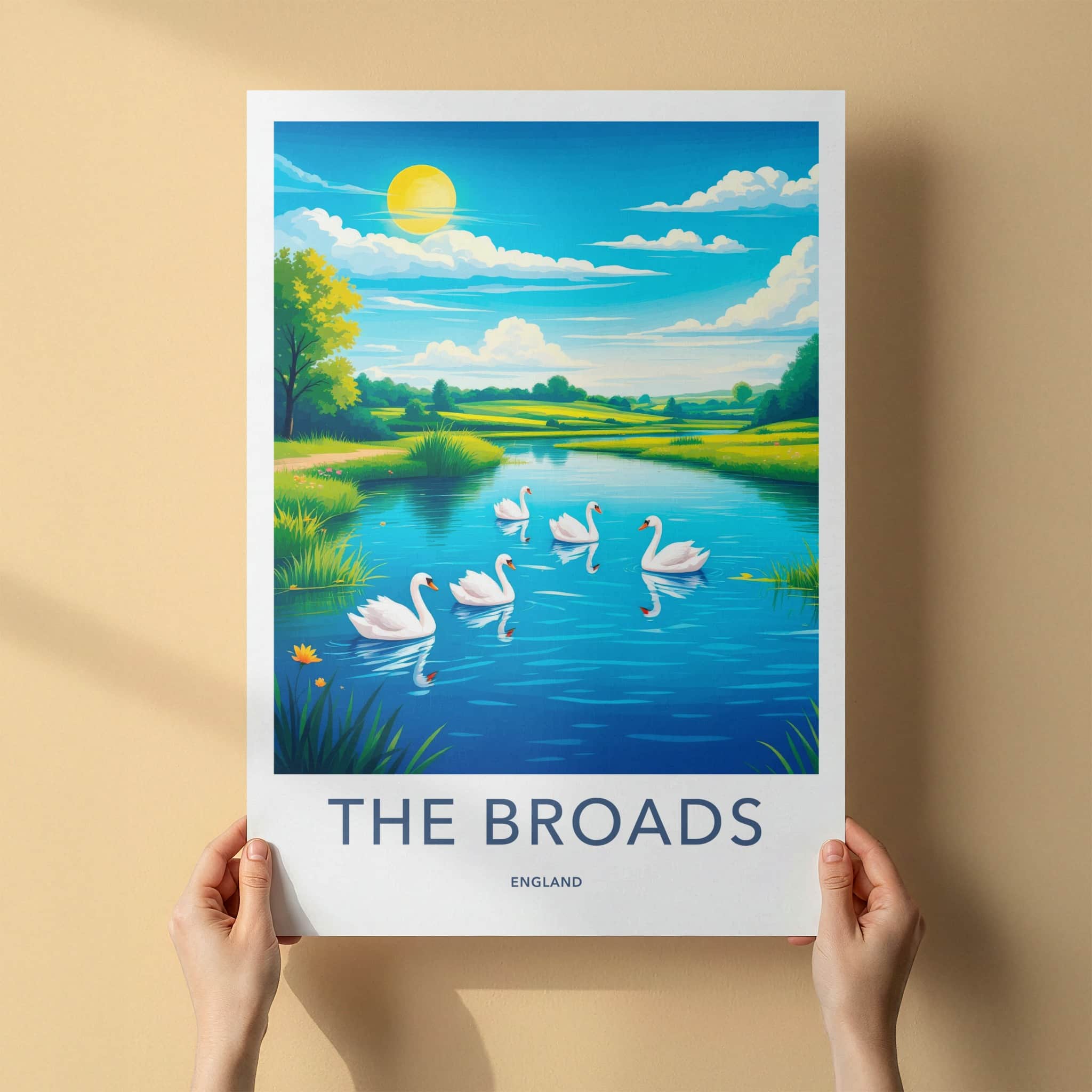 THE BROADS Poster - England Travel Art - Swans Blue Lake Home Decor
