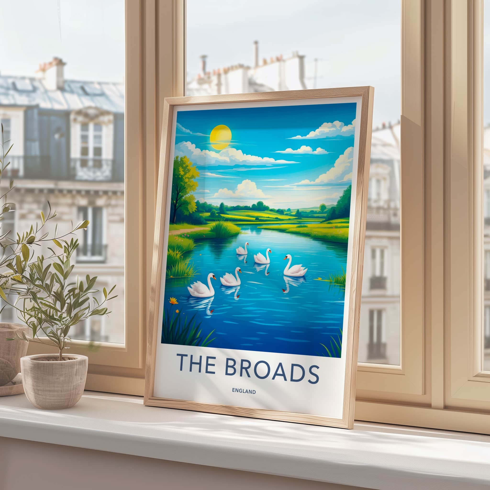 THE BROADS Poster - England Travel Art - Swans Blue Lake Home Decor