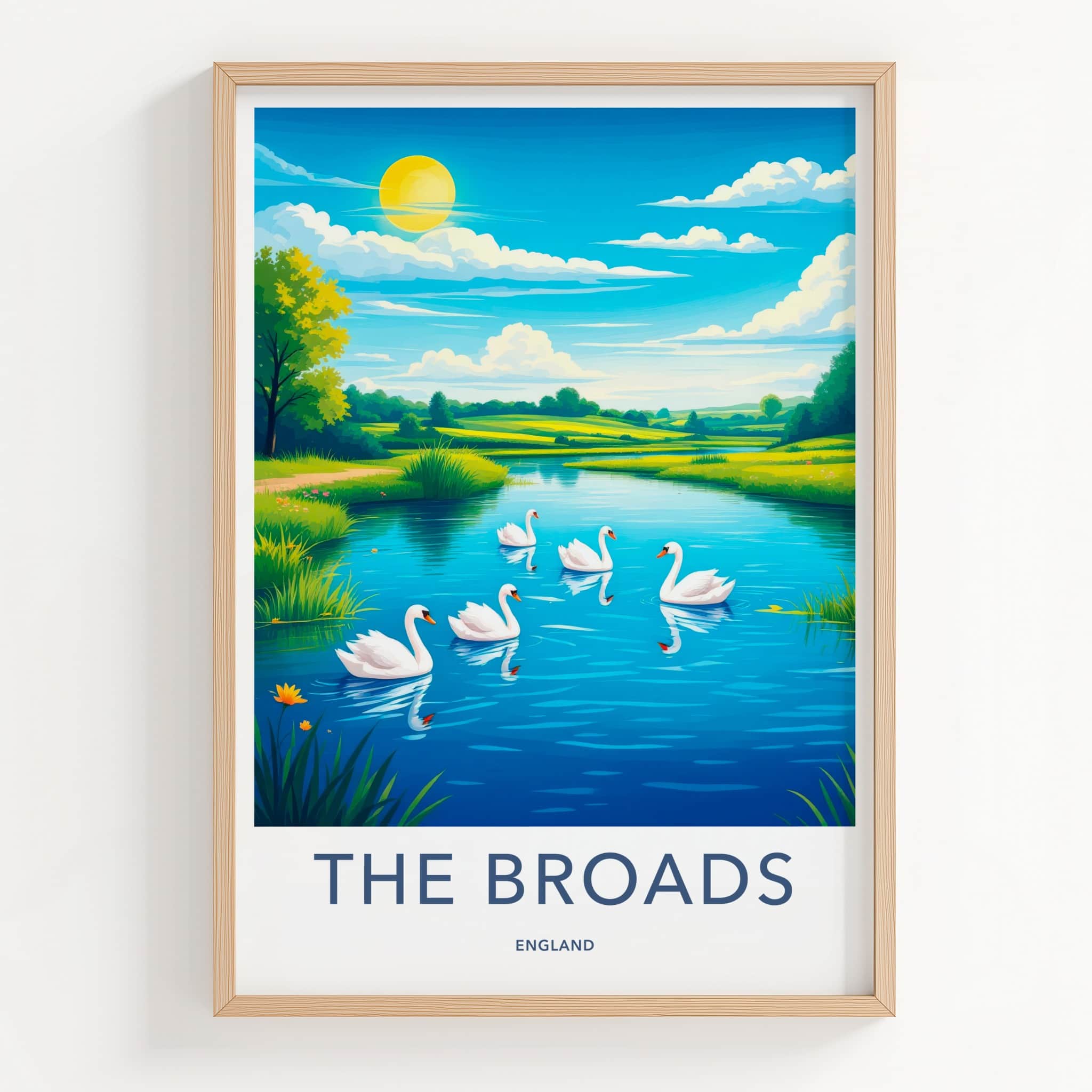 THE BROADS Poster - England Travel Art - Swans Blue Lake Home Decor