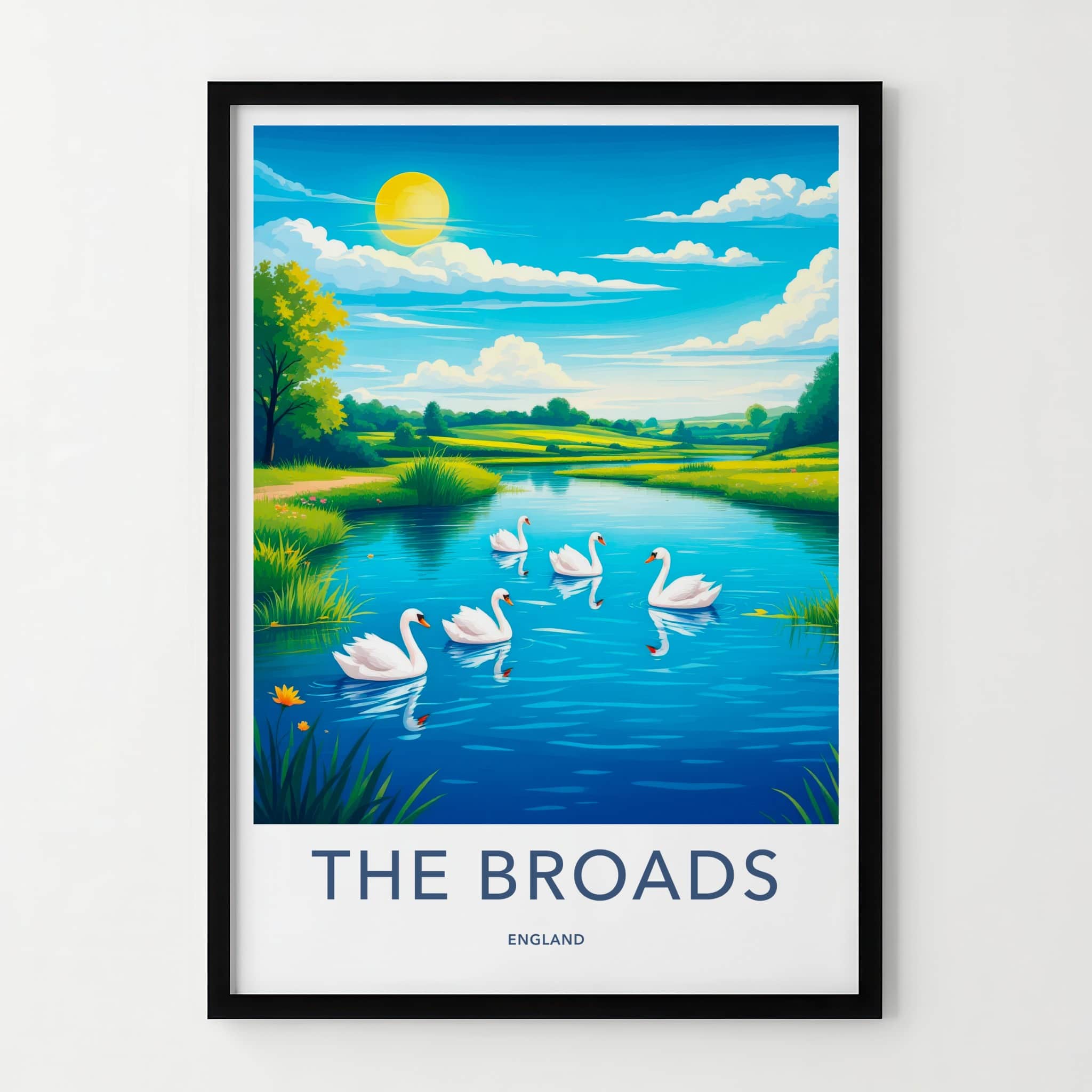 THE BROADS Poster - England Travel Art - Swans Blue Lake Home Decor