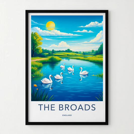 THE BROADS Poster - England Travel Art - Swans Blue Lake Home Decor
