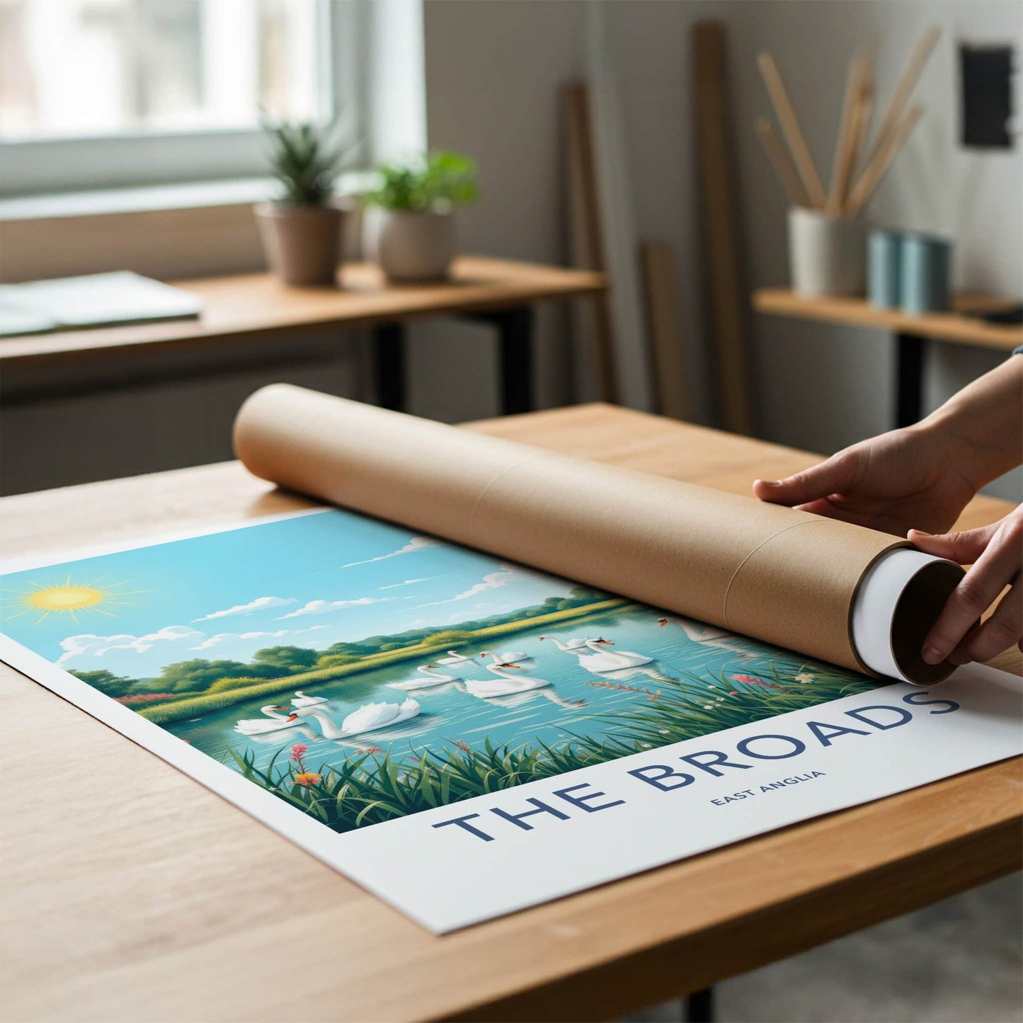 The Broads Poster - England Travel Art - Swans Floating Pond Wall Decor