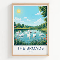 The Broads Poster - England Travel Art - Swans Floating Pond Wall Decor
