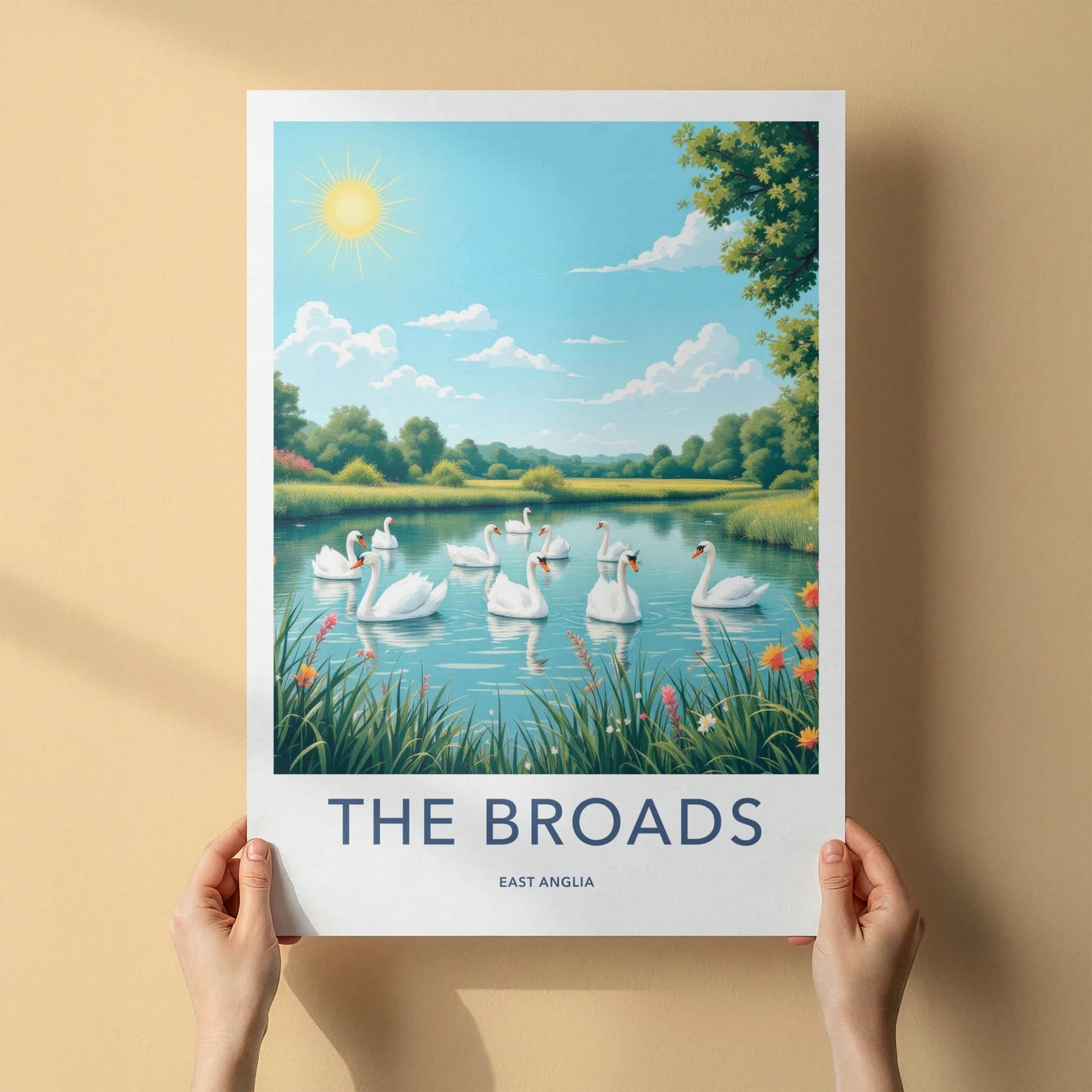 The Broads Poster - England Travel Art - Swans Floating Pond Wall Decor