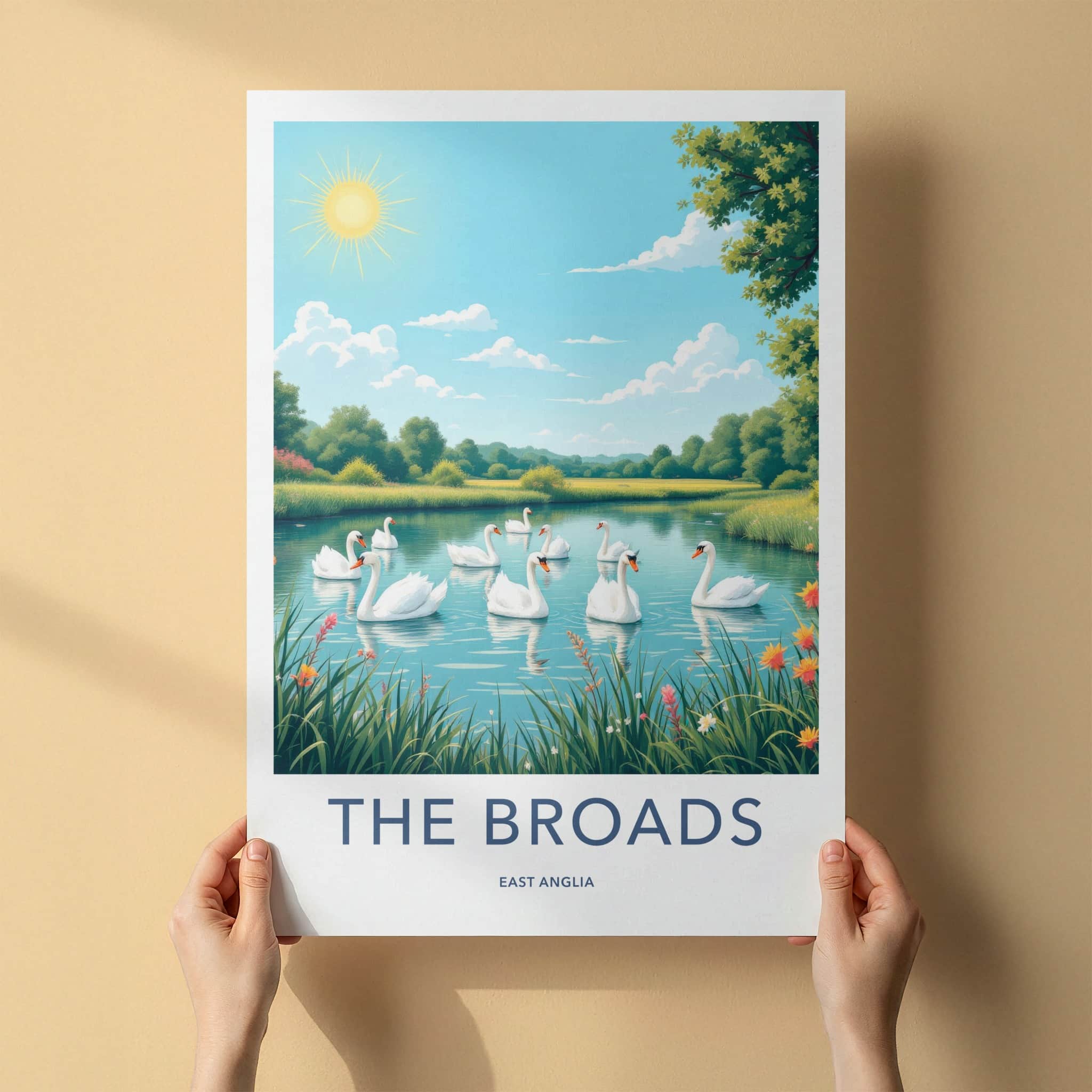 The Broads Poster - England Travel Art - Swans Floating Pond Wall Decor
