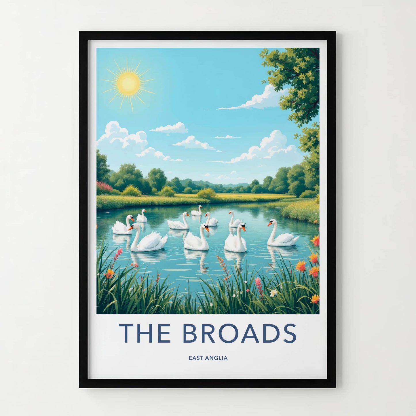 The Broads Poster - England Travel Art - Swans Floating Pond Wall Decor