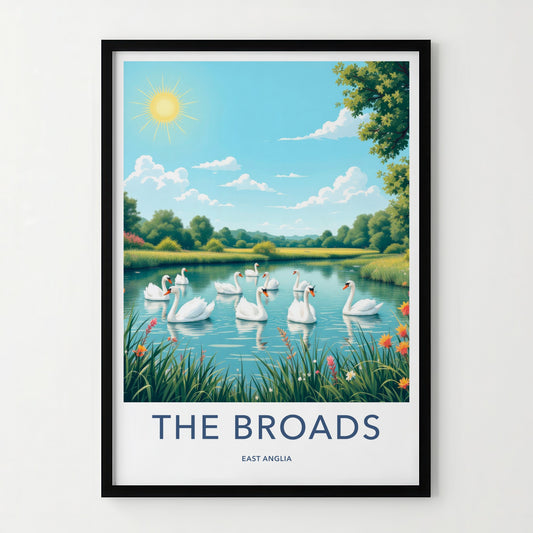 The Broads Poster - England Travel Art - Swans Floating Pond Wall Decor