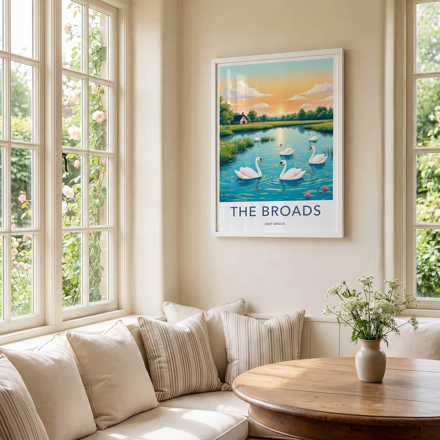 The Broads Poster - United Kingdom Travel Art - Swans Lakeside Sunset Home Decor
