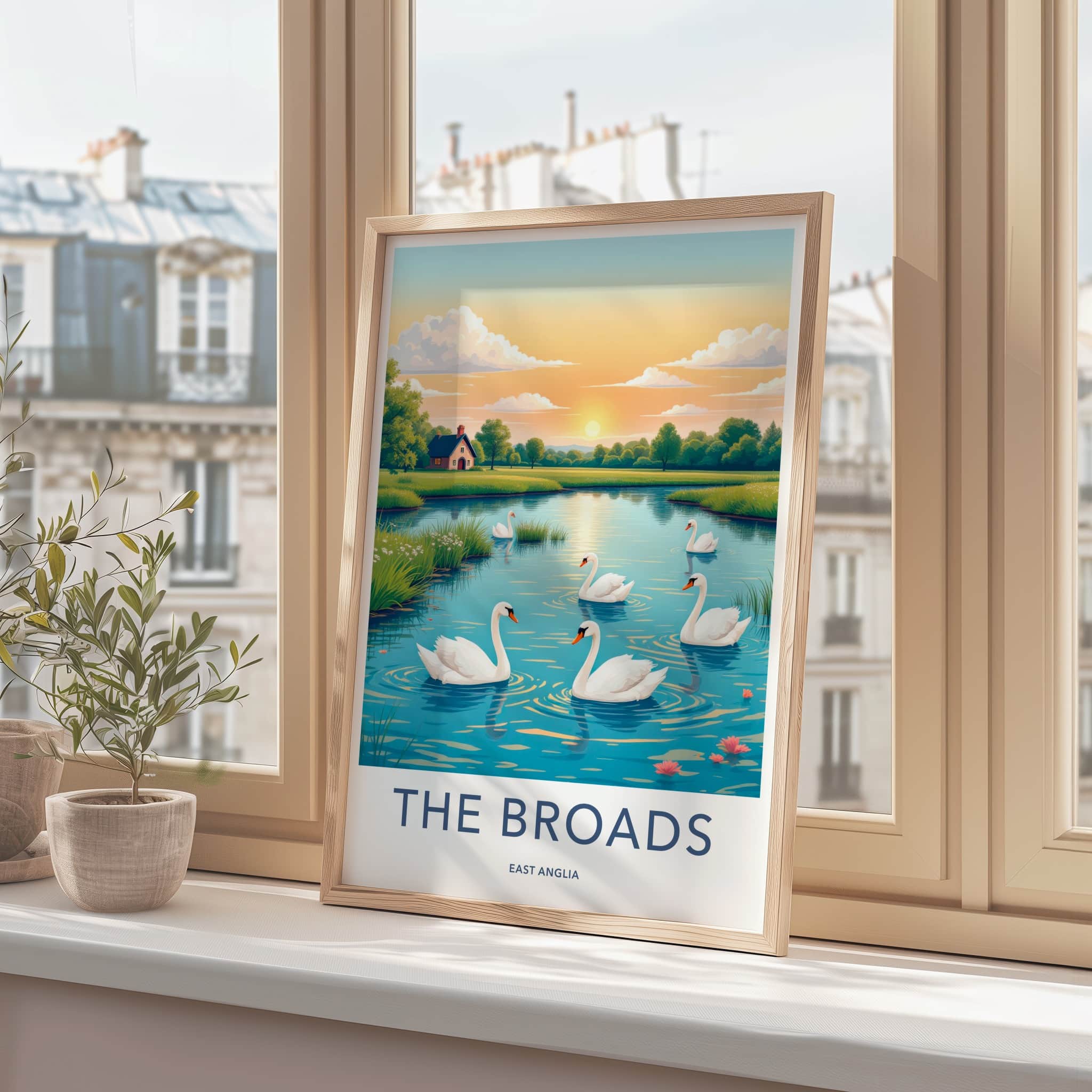 The Broads Poster - United Kingdom Travel Art - Swans Lakeside Sunset Home Decor