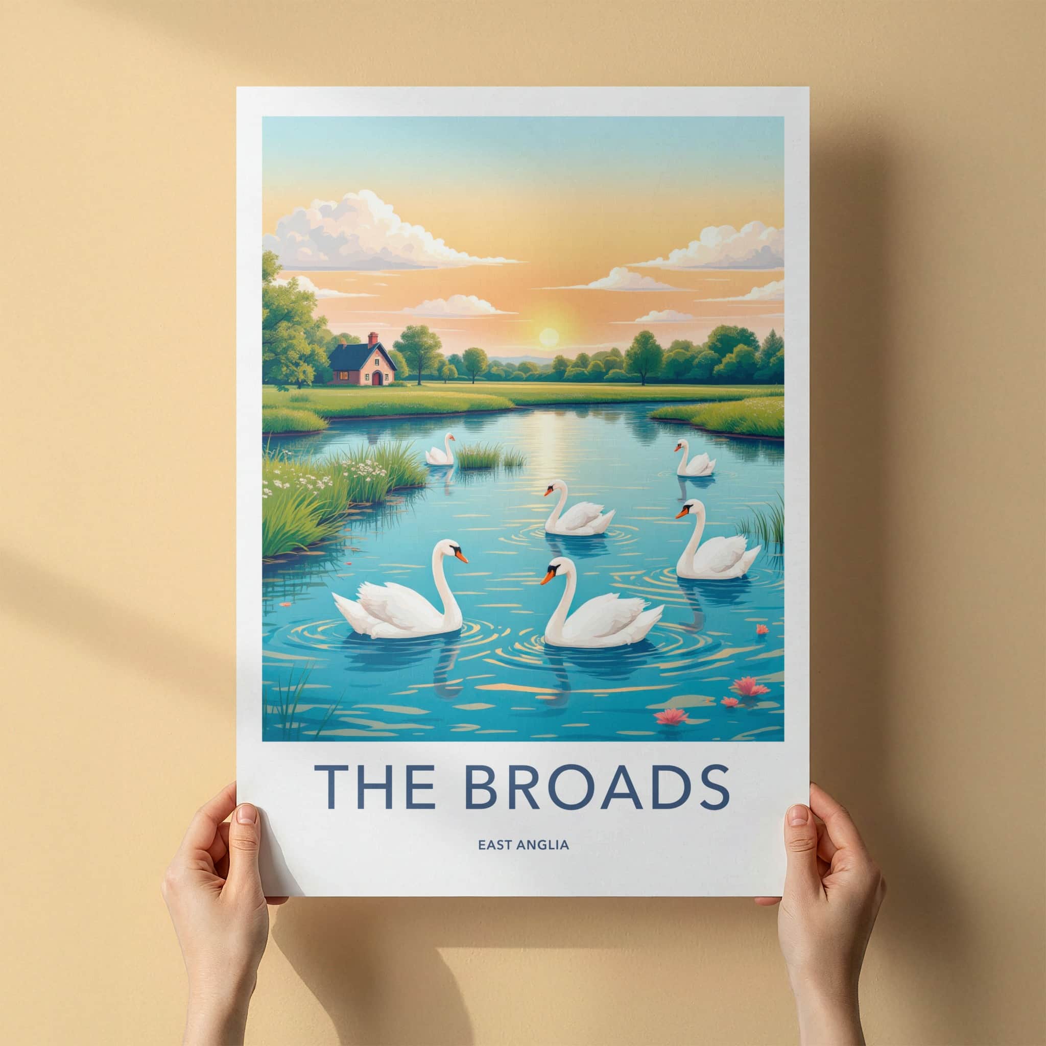 The Broads Poster - United Kingdom Travel Art - Swans Lakeside Sunset Home Decor