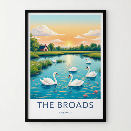 The Broads Poster - United Kingdom Travel Art - Swans Lakeside Sunset Home Decor