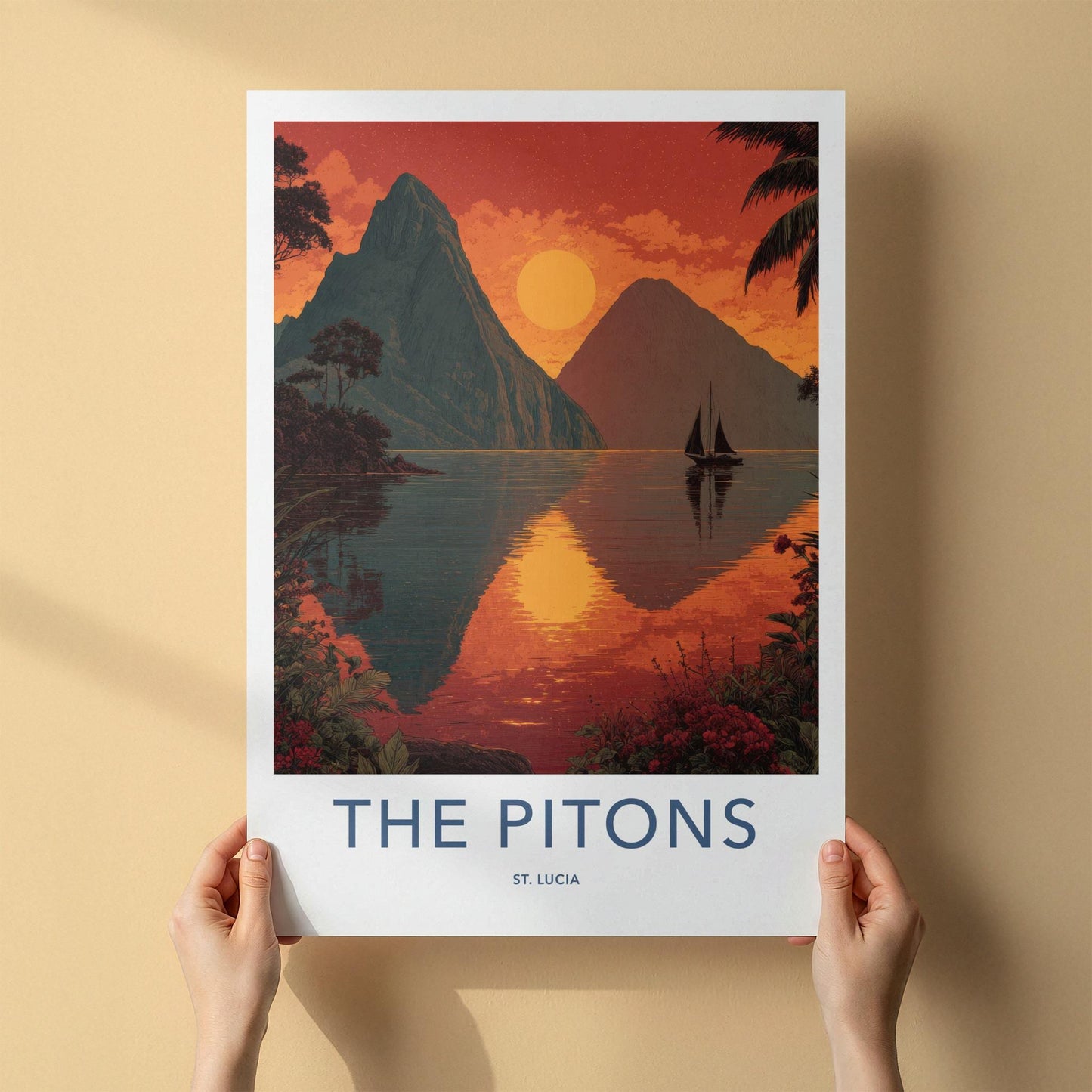 The Pitons Poster - Saint Lucia Travel Art - Tropical Ocean Sunset Home Decor