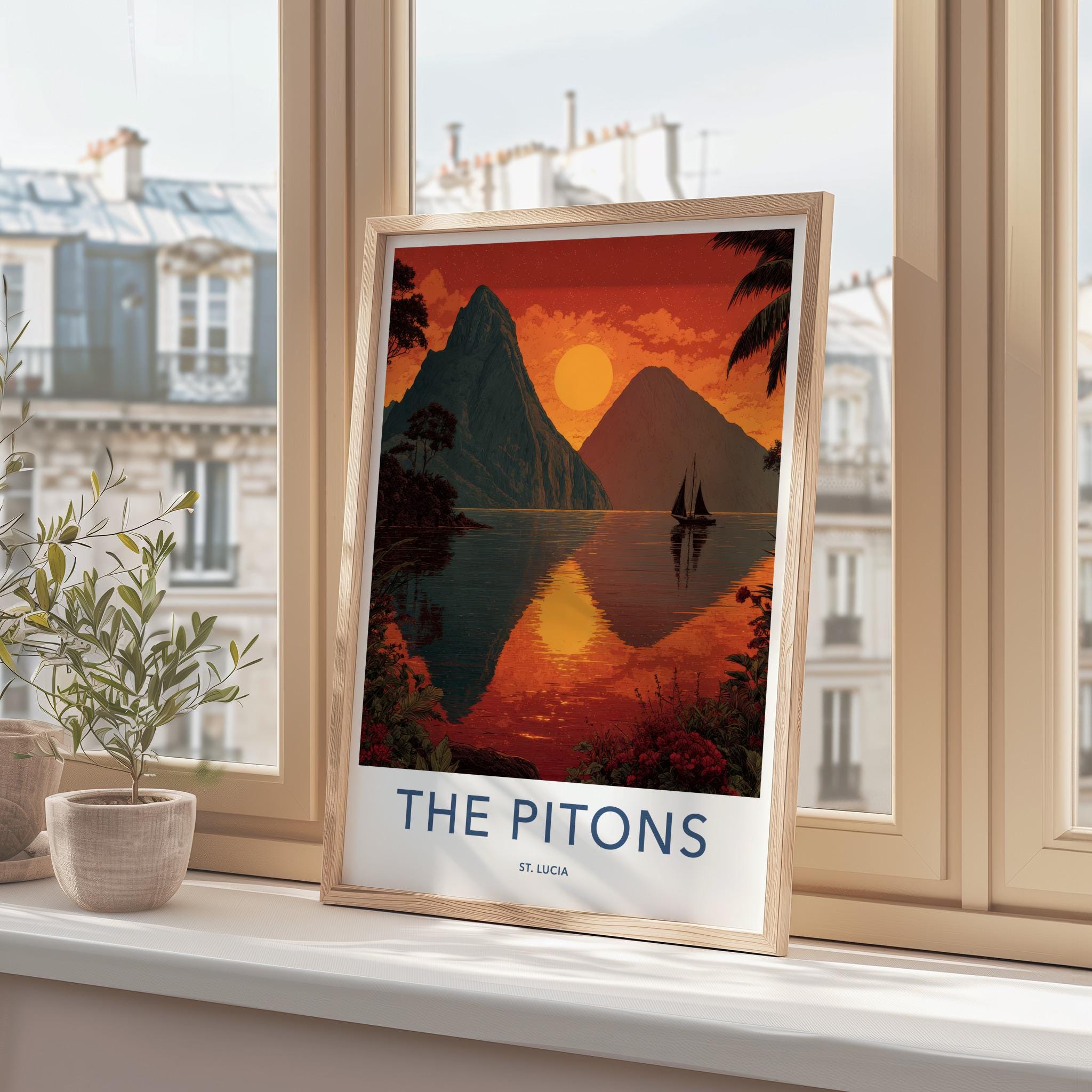 The Pitons Poster - Saint Lucia Travel Art - Tropical Ocean Sunset Home Decor