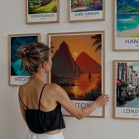 The Pitons Poster - St Lucia Travel Art - Tropical Sunset Sailboat Home Decor
