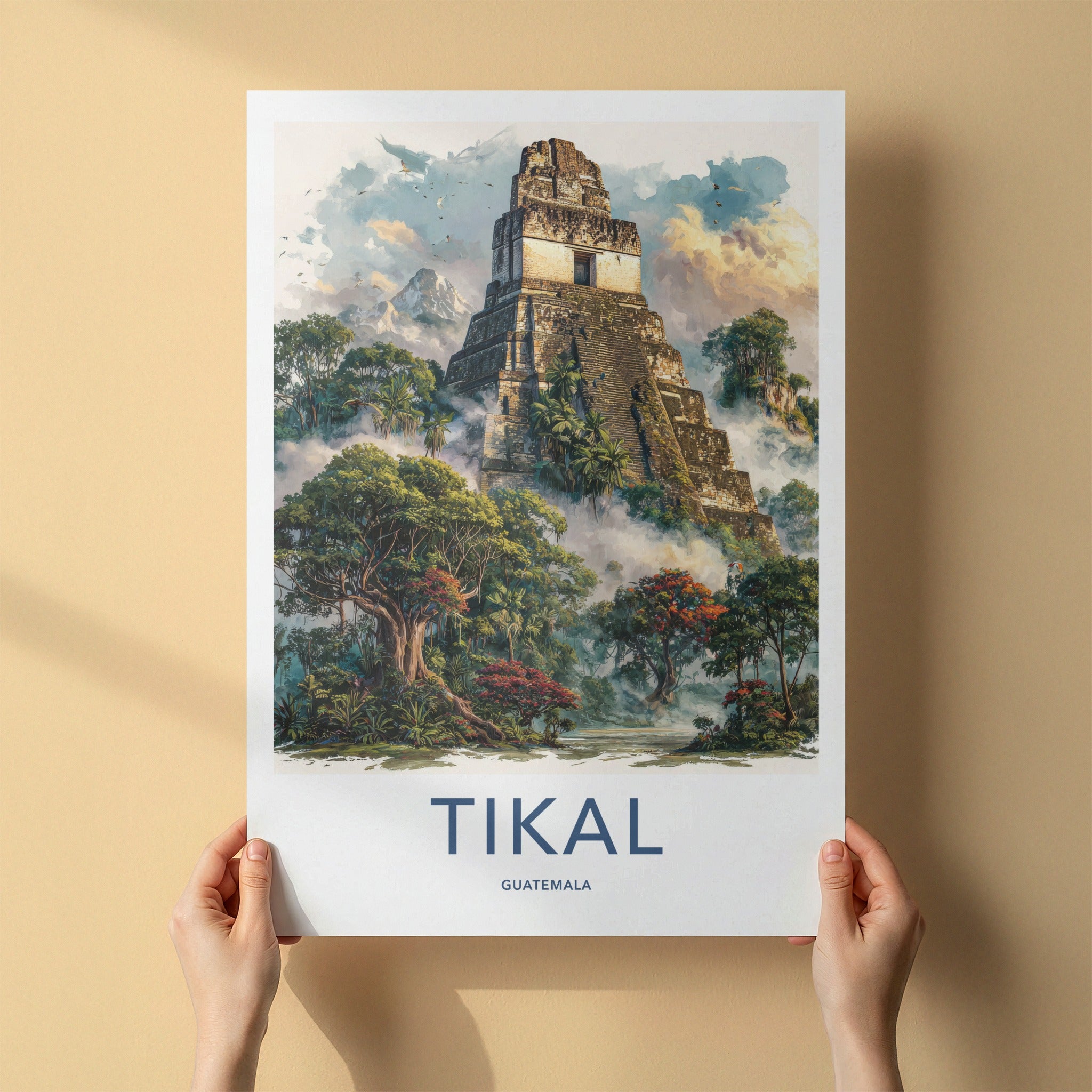 Tikal Poster - Guatemala Travel Art - Ancient Temple Peaks Home Decor