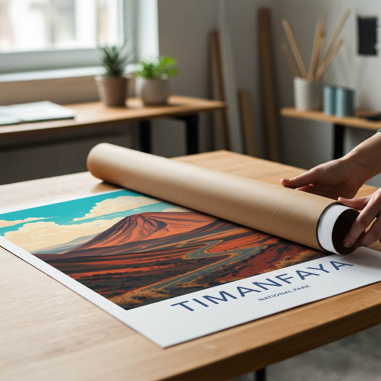 Timanfaya National Park Poster - Spain Travel Art - Red Volcano Road Home Decor