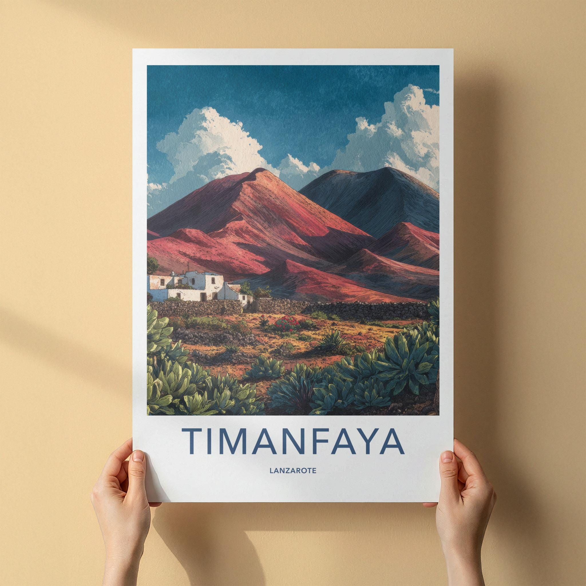 Timanfaya Poster - Spain Travel Art - Volcanic Landscape Houses Home Decor