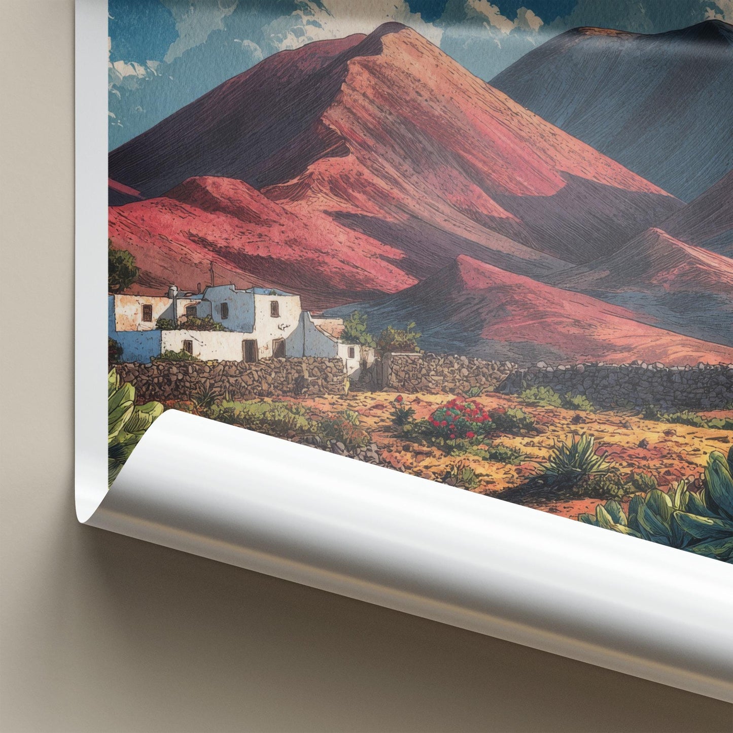Timanfaya Poster - Spain Travel Art - Volcanic Landscape Houses Home Decor