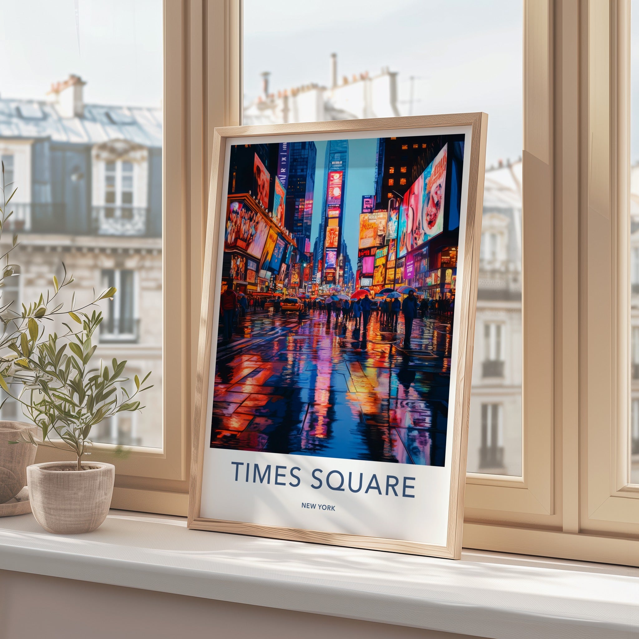 Times Square Poster - New York Travel Art - Neon Street Reflections Wall Decor