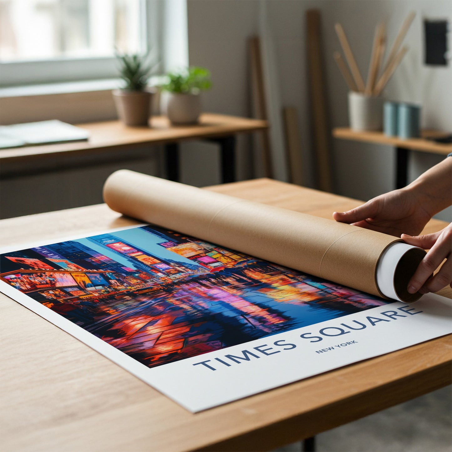 Times Square Poster - New York Travel Art - Neon Street Reflections Wall Decor