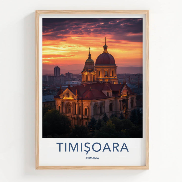 Timisoara Poster - Romania Travel Art - Glowing Cathedral Sunset Home Decor