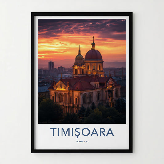 Timisoara Poster - Romania Travel Art - Glowing Cathedral Sunset Home Decor