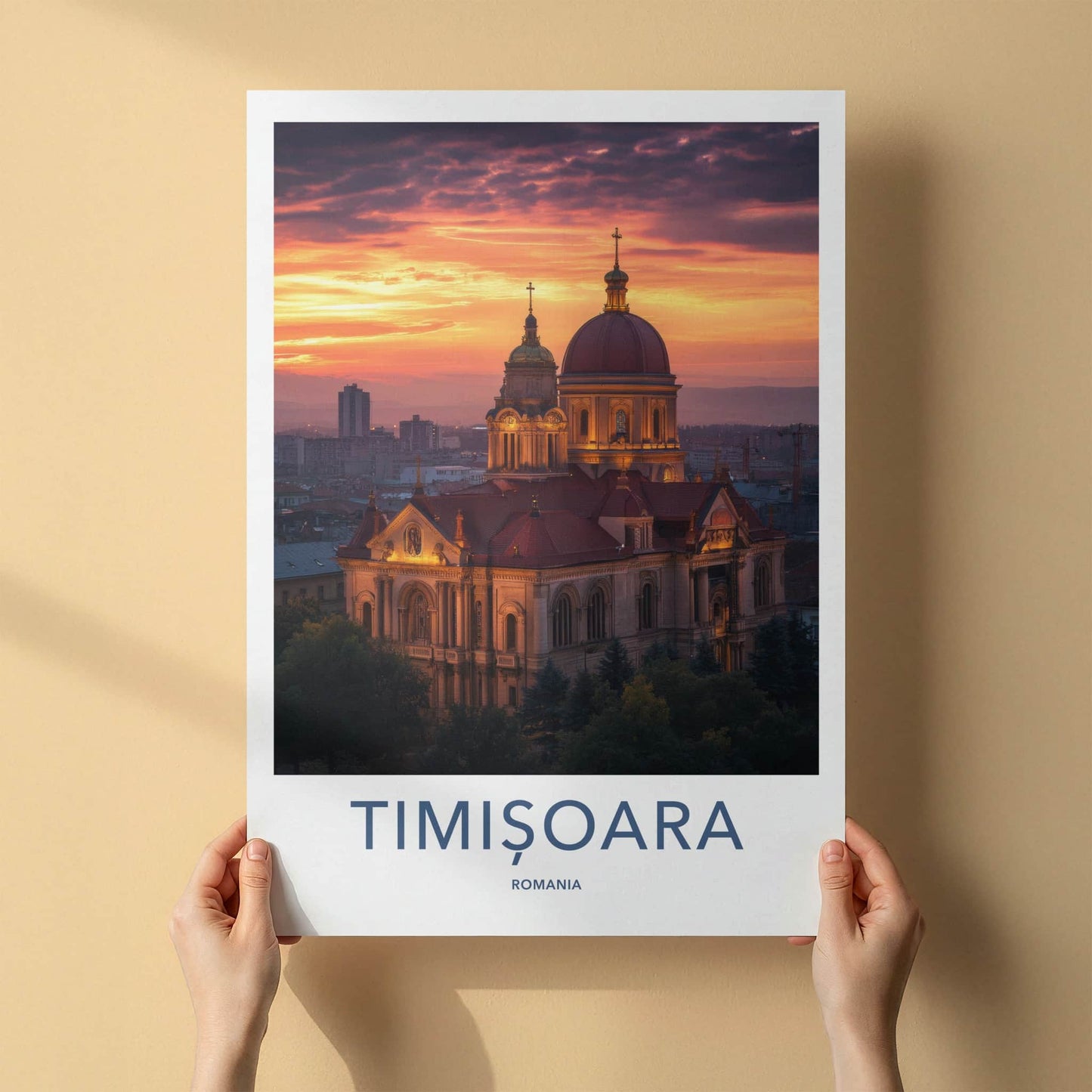 Timisoara Poster - Romania Travel Art - Glowing Cathedral Sunset Home Decor