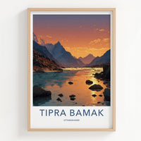 Tipra Bamk Poster - India Travel Art - Uttarakhand Mountain River Sunset Gift