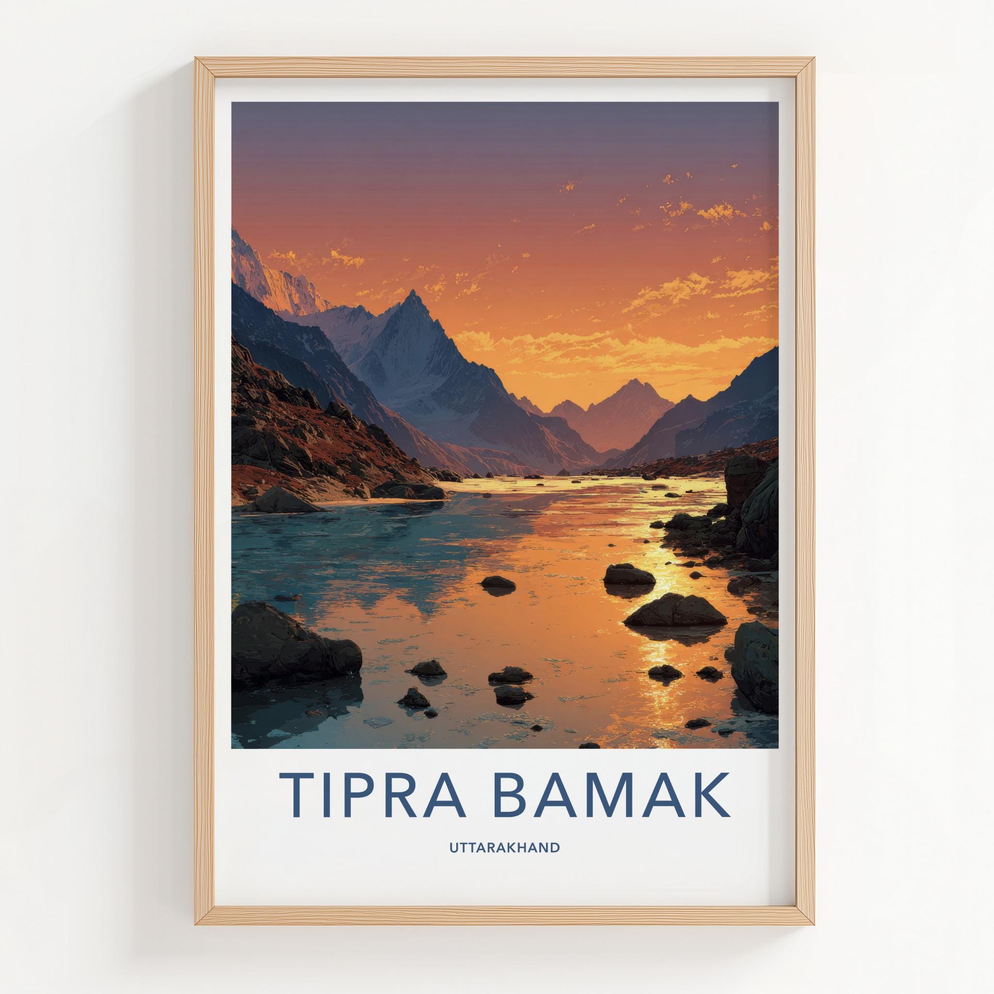 Tipra Bamk Poster - India Travel Art - Uttarakhand Mountain River Sunset Gift