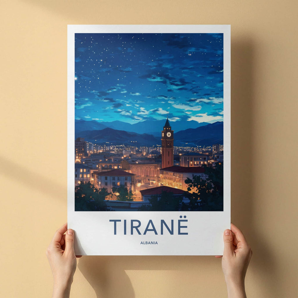 Tirane Poster - Albania Travel Art - Starry Night Cityscape Home Decor