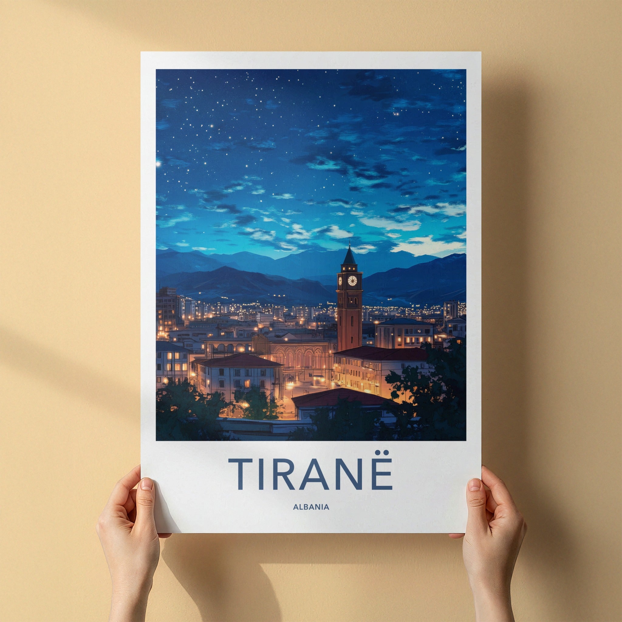 Tirane Poster - Albania Travel Art - Starry Night Cityscape Home Decor