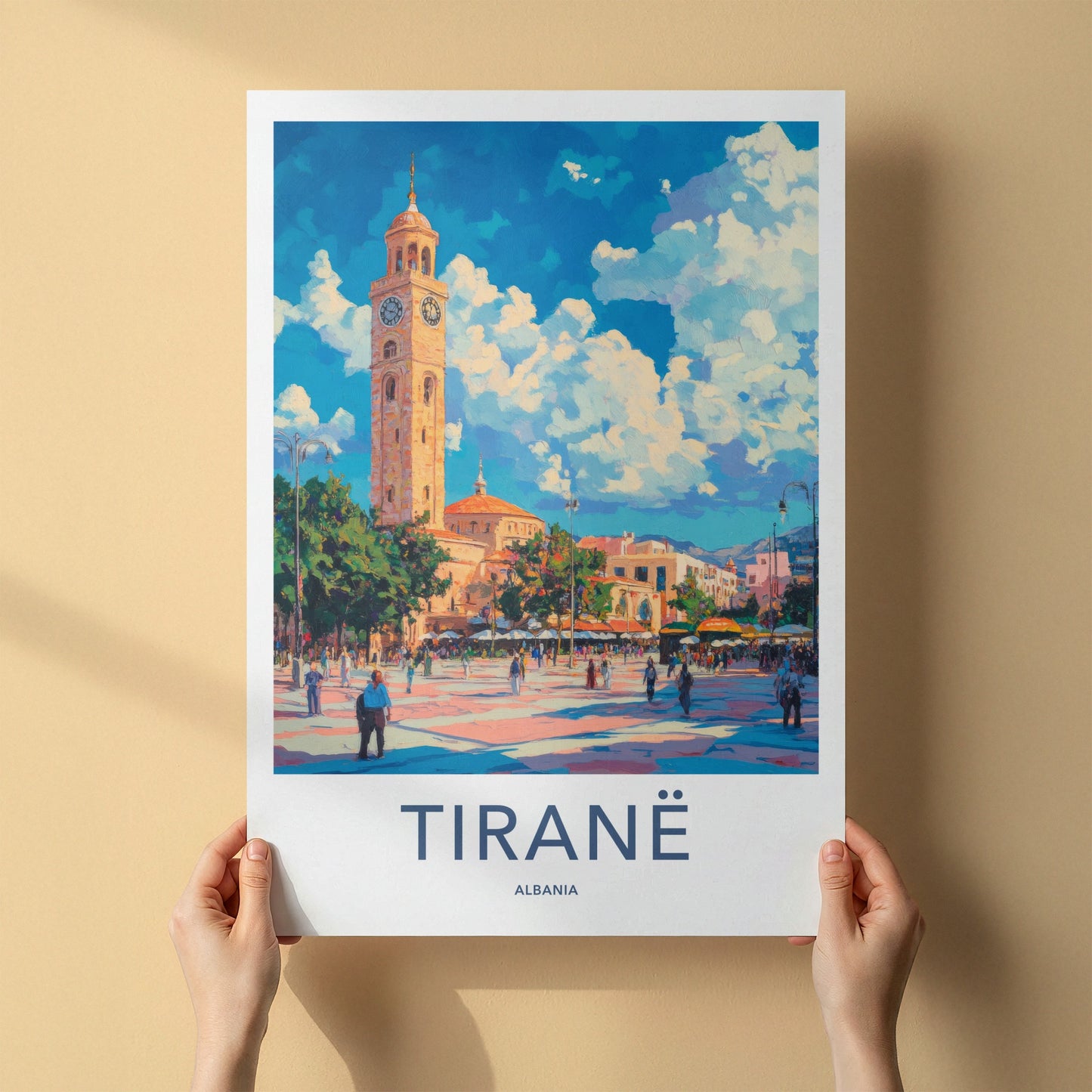 Tirane Poster - Albania Travel Art - Vibrant Clock Tower Home Decor