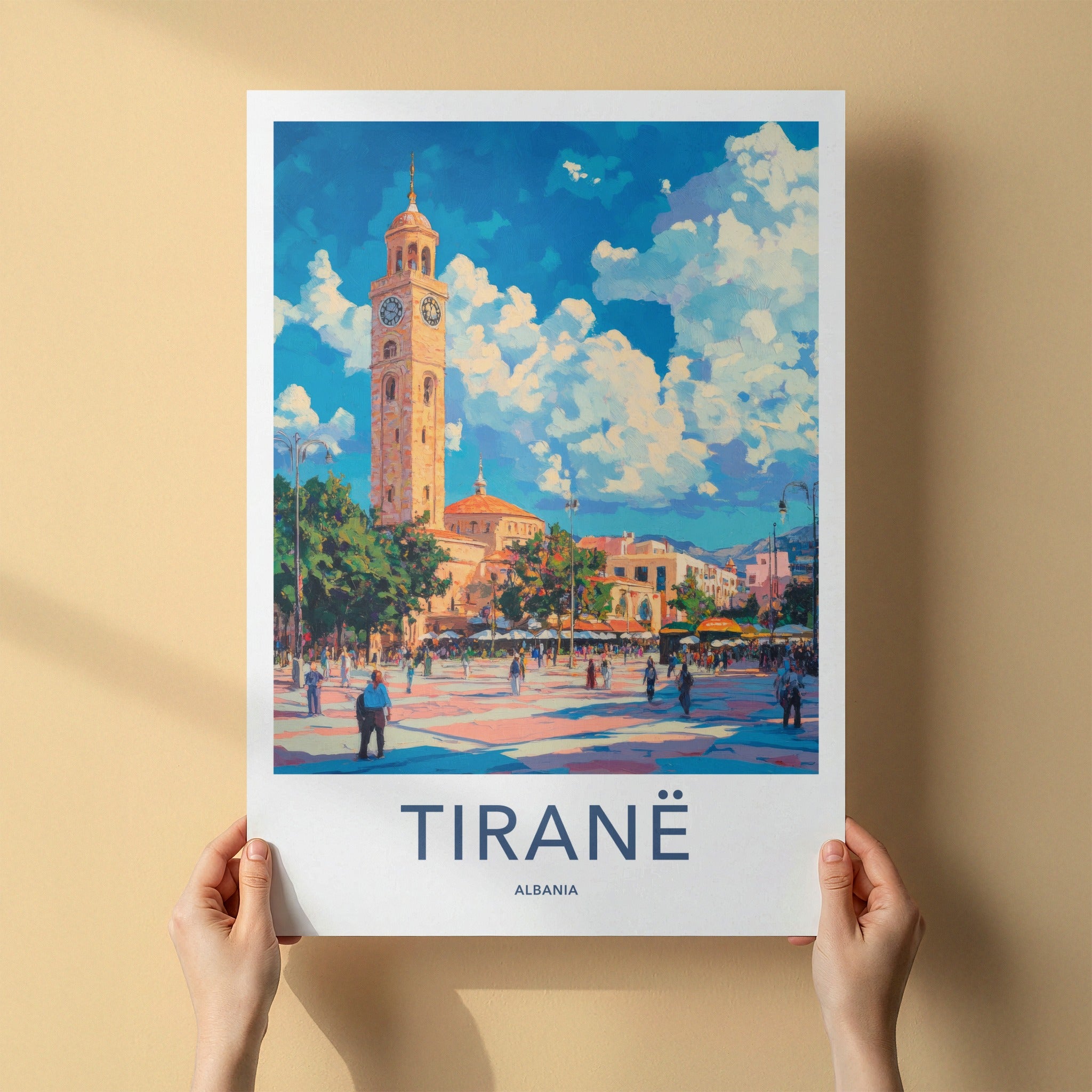 Tirane Poster - Albania Travel Art - Vibrant Clock Tower Home Decor