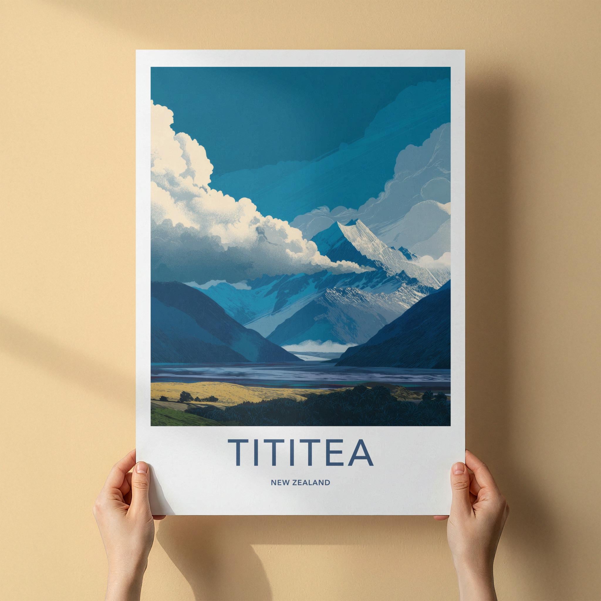 Tititea Poster - New Zealand Travel Art - Snowy Peak Lake Wall Decor