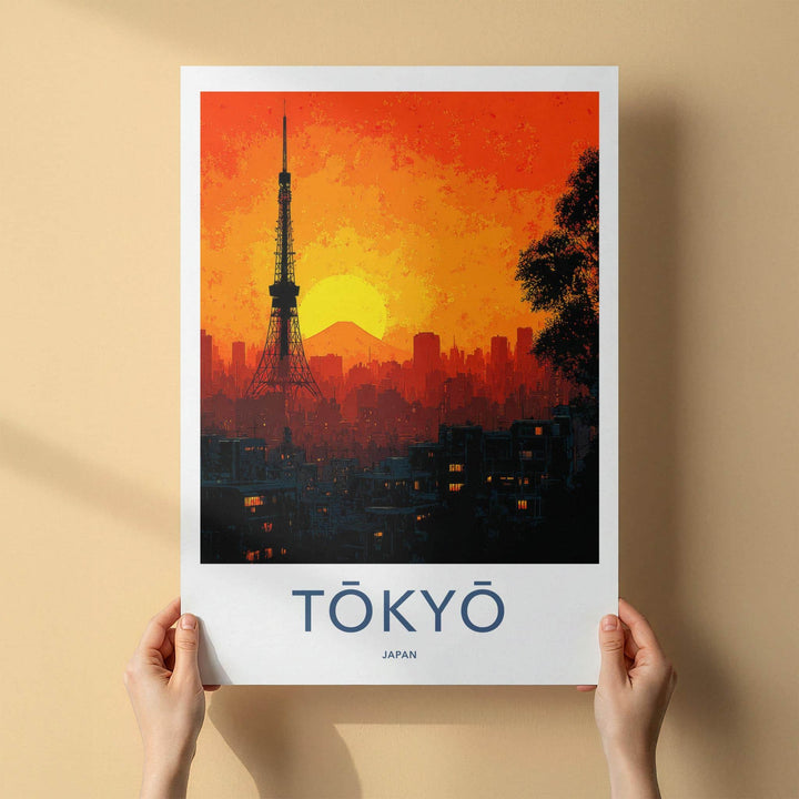 Tokyo Poster - Japan Travel Art - Tower Fuji Sunset Home Decor