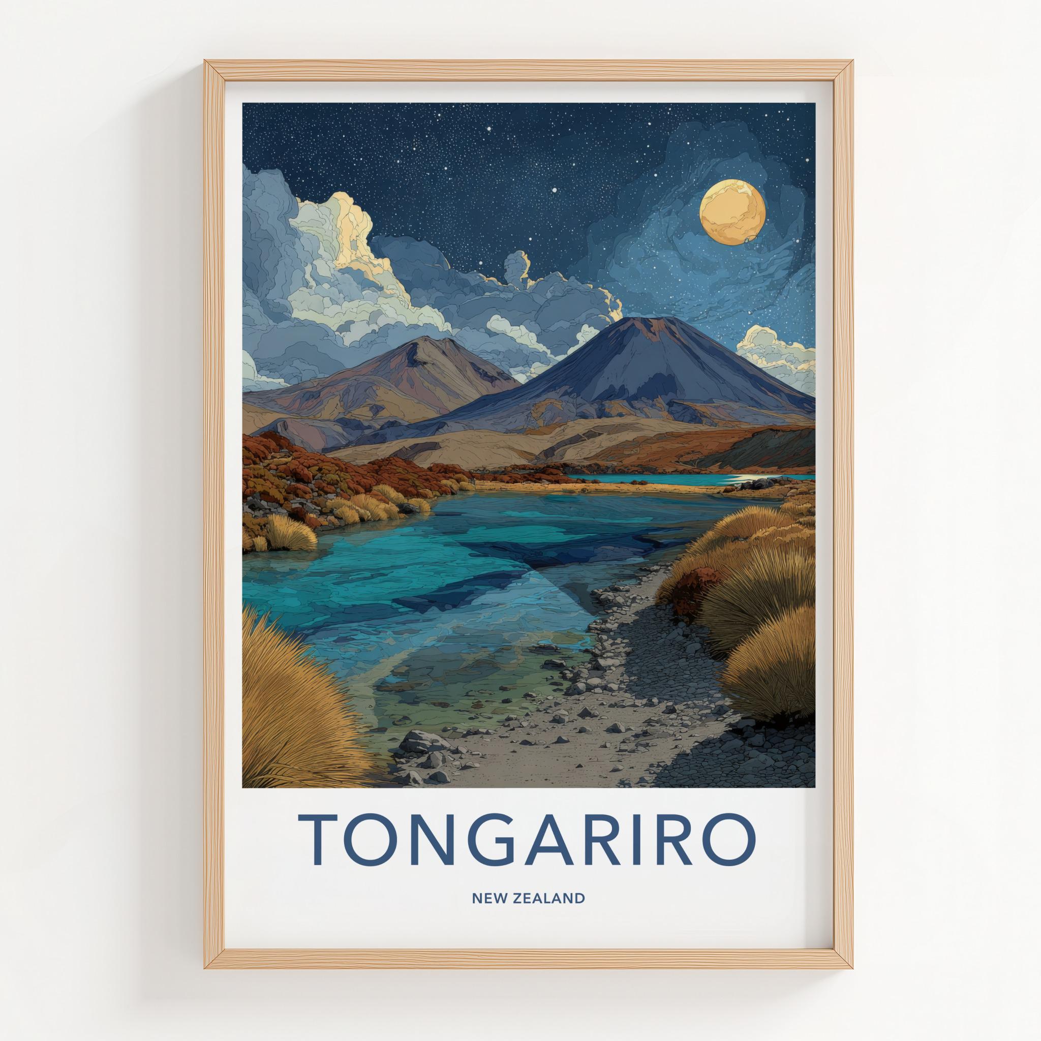 Tongariro Poster - New Zealand Travel Art - Volcanic Lake Night Home Decor