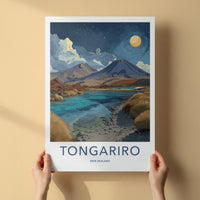 Tongariro Poster - New Zealand Travel Art - Volcanic Lake Night Home Decor