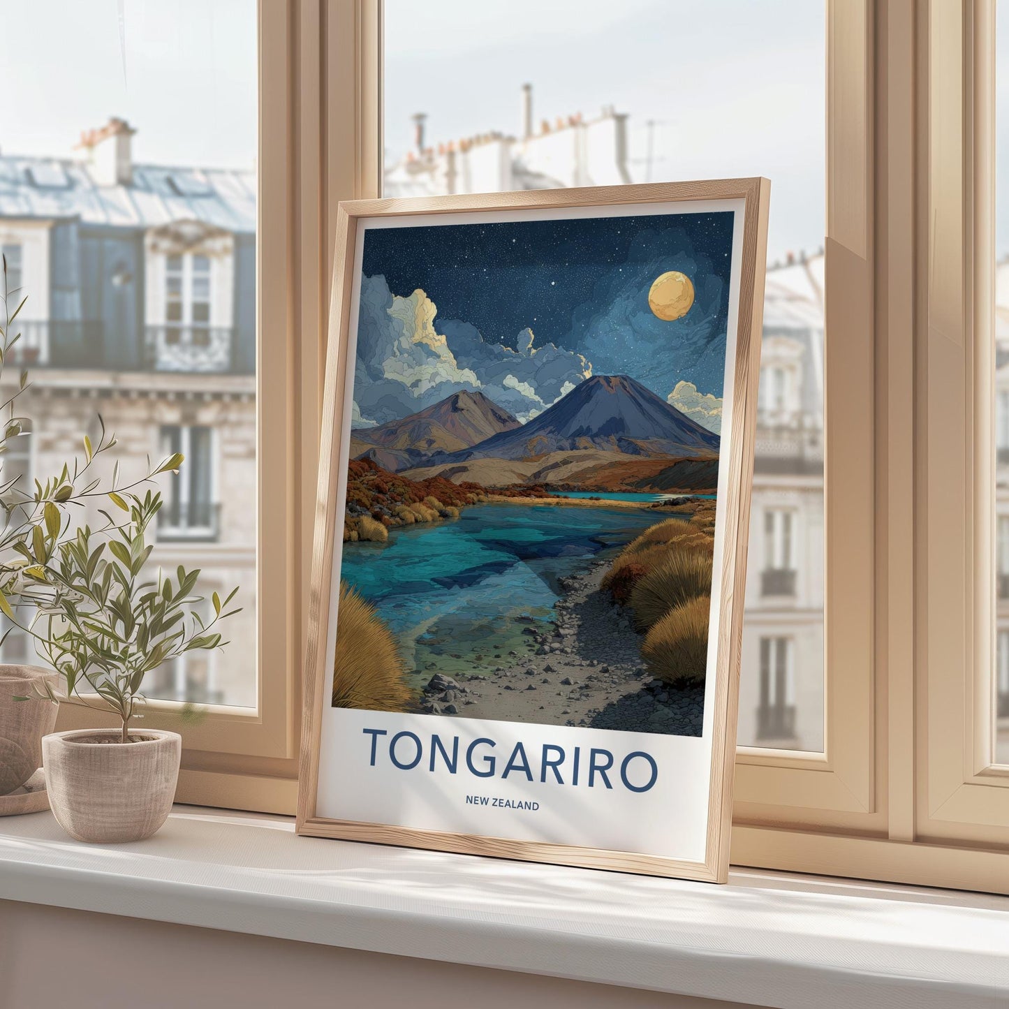 Tongariro Poster - New Zealand Travel Art - Volcanic Lake Night Home Decor